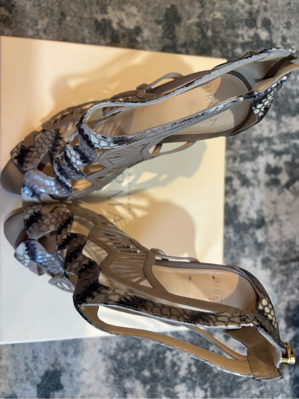 Gray Snake-Print Leather Cutout Heels